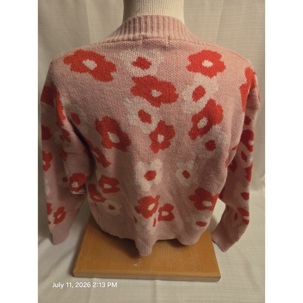 RedBerry Women's S/M Pink Floral Knit Button Cardigan Sweater V-Neck Long Sleeve - Picture 2 of 4